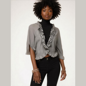 Elle gray cotton cropped ruffled sweater with snap closure, size Large,